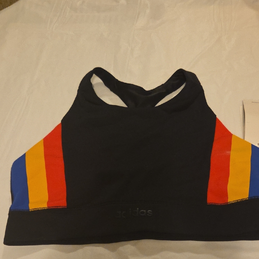 New Adidas Black Sports Bra with Red, Yellow, and Blue Accents